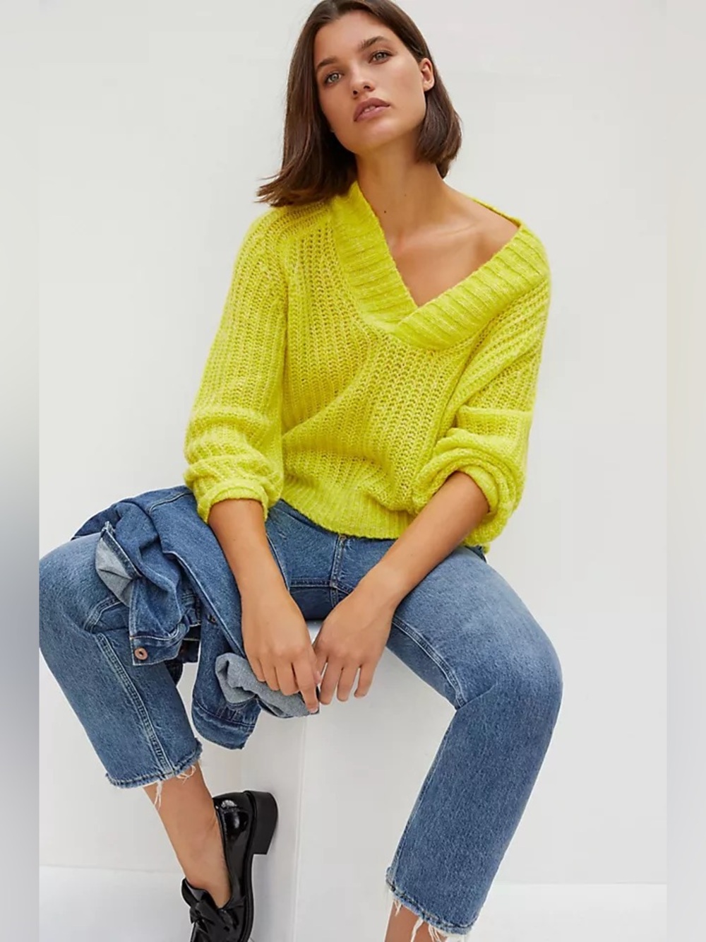 Anthropologie Honore Ribbed Sweater Wool Blend Open Knit lightweight yellow $118